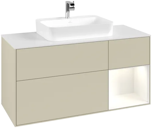 VILLEROY BOCH Toaletní skříňka Finion, s osvětlením, 3 výsuvy, 1200 x 603 x 501 mm, hedvábně šedý matný lak / lesklý bílý lak / bílé matné sklo #F421GFHJ