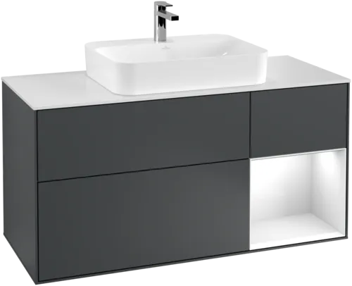 VILLEROY BOCH Toaletní skříňka Finion, s osvětlením, 3 výsuvy, 1200 x 603 x 501 mm, Midnight Blue Matt Lacquer / Glossy White Lacquer / Glass White Matt #F421GFHG