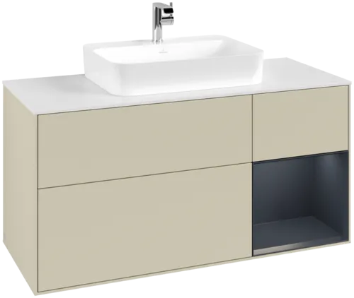 VILLEROY BOCH Toaletní skříňka Finion, s osvětlením, 3 výsuvy, 1200 x 603 x 501 mm, hedvábně šedý matný lak / půlnočně modrý matný lak / bílé matné sklo #F421HGHJ