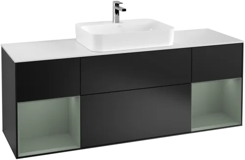 VILLEROY BOCH Toaletní skříňka Finion, s osvětlením, 4 výsuvy, 1600 x 603 x 501 mm, černý matný lak / olivový matný lak / bílé matné sklo #F451GMPD