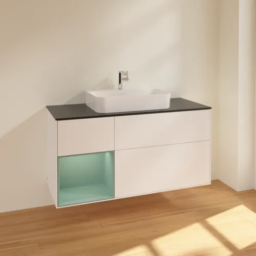 VILLEROY BOCH Toaletní skříňka Finion, s osvětlením, 3 výsuvy, 1200 x 603 x 501 mm, bílý matný lak / olivový matný lak / černé matné sklo #F412GMMT, obrázek 2