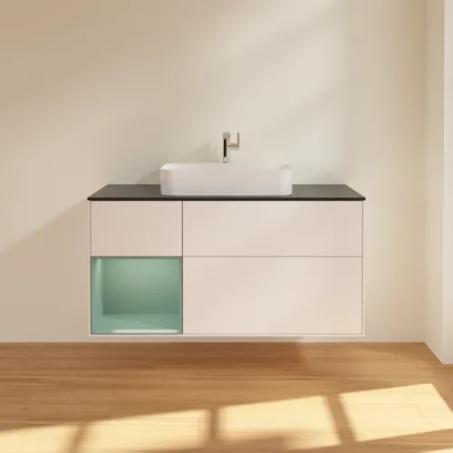 VILLEROY BOCH Toaletní skříňka Finion, s osvětlením, 3 výsuvy, 1200 x 603 x 501 mm, bílý matný lak / olivový matný lak / černé matné sklo #F412GMMT, obrázek 3