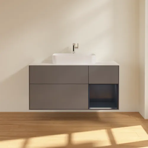 VILLEROY BOCH Toaletní skříňka Finion, s osvětlením, 3 výsuvy, 1200 x 603 x 501 mm, antracitový matný lak / půlnoční modrý matný lak / bílé matné sklo #F421HGGK, obrázek 3