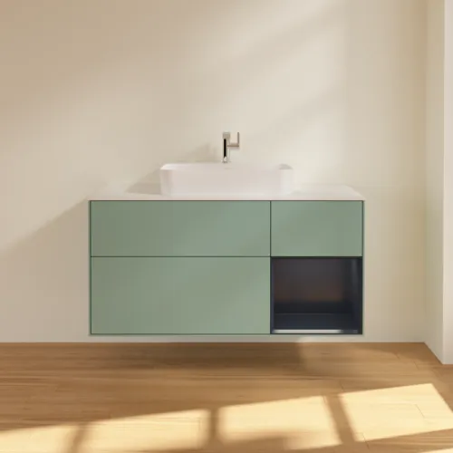VILLEROY BOCH Toaletní skříňka Finion, s osvětlením, 3 výsuvy, 1200 x 603 x 501 mm, olivový matný lak / půlnoční modrý matný lak / bílé matné sklo #F421HGGM, obrázek 3