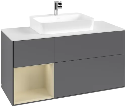 VILLEROY BOCH Toaletní skříňka Finion, s osvětlením, 3 výsuvy, 1200 x 603 x 501 mm, antracitový matný lak / hedvábně šedý matný lak / bílé matné sklo #F411HJGK