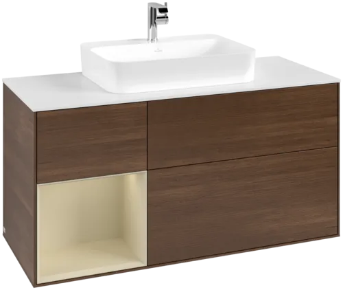 VILLEROY BOCH Toaletní skříňka Finion, s osvětlením, 3 výsuvy, 1200 x 603 x 501 mm, ořechová dýha / hedvábně šedý matný lak / sklo bílé matné #F411HJGN