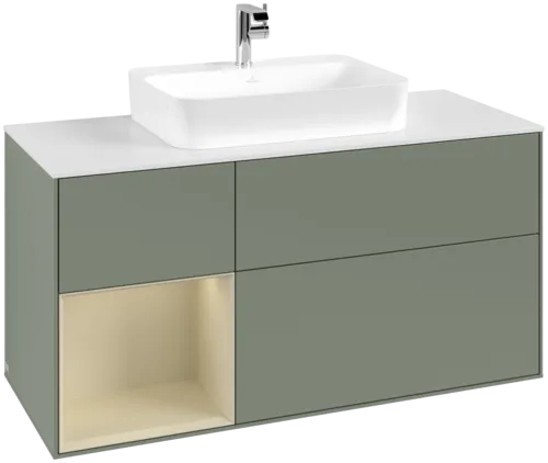 VILLEROY BOCH Toaletní skříňka Finion, s osvětlením, 3 výsuvy, 1200 x 603 x 501 mm, olivový matný lak / hedvábně šedý matný lak / bílé matné sklo #F411HJGM