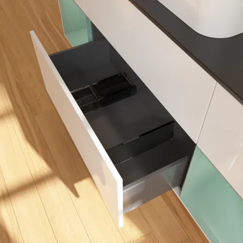 VILLEROY BOCH Toaletní skříňka Finion, s osvětlením, 4 výsuvy, 1600 x 603 x 501 mm, lesklý bílý lak / olivově matný lak / černé matné sklo #F452GMGF, obrázek 6