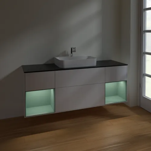 VILLEROY BOCH Toaletní skříňka Finion, s osvětlením, 4 výsuvy, 1600 x 603 x 501 mm, lesklý bílý lak / olivově matný lak / černé matné sklo #F452GMGF, obrázek 5