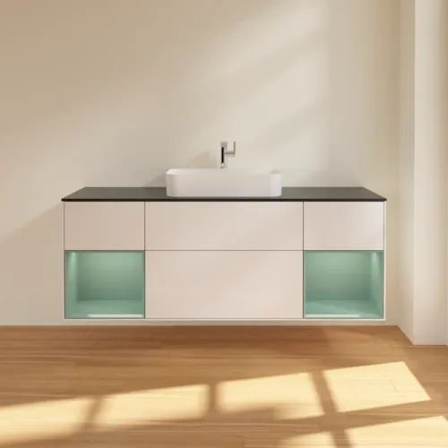 VILLEROY BOCH Toaletní skříňka Finion, s osvětlením, 4 výsuvy, 1600 x 603 x 501 mm, lesklý bílý lak / olivově matný lak / černé matné sklo #F452GMGF, obrázek 3