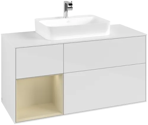 VILLEROY BOCH Toaletní skříňka Finion, s osvětlením, 3 výsuvy, 1200 x 603 x 501 mm, lesklý bílý lak / hedvábně šedý matný lak / bílé matné sklo #F411HJGF