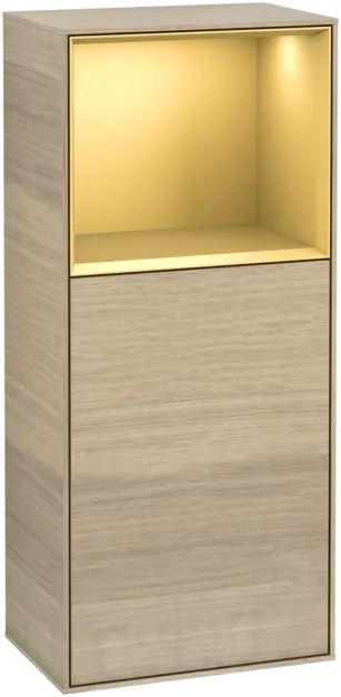 VILLEROY BOCH Boční skříňka Finion, s osvětlením, 1 dvířka, 418 x 936 x 270 mm, dubová dýha / zlatý matný lak #F500HFPC
