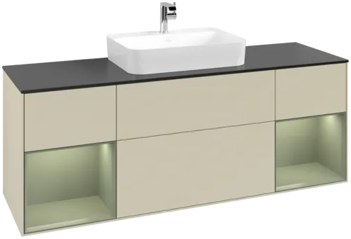 VILLEROY BOCH Toaletní skříňka Finion, s osvětlením, 4 výsuvy, 1600 x 603 x 501 mm, hedvábně šedý matný lak / olivový matný lak / černé matné sklo #F452GMHJ