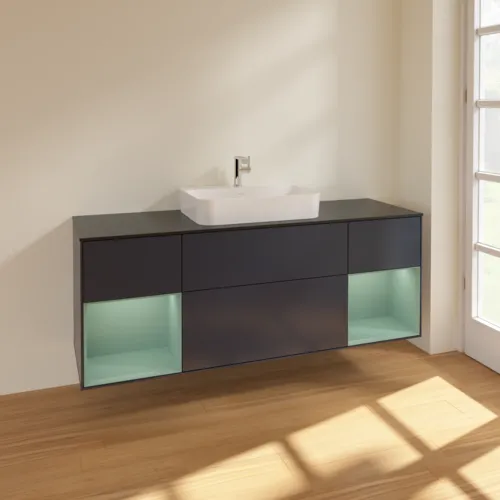 VILLEROY BOCH Toaletní skříňka Finion, s osvětlením, 4 výsuvy, 1600 x 603 x 501 mm, Midnight Blue Matt Lacquer / Olive Matt Lacquer / Glass Black Matt #F452GMHG, obrázek 2