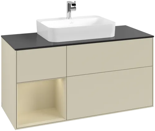 VILLEROY BOCH Toaletní skříňka Finion, s osvětlením, 3 výsuvy, 1200 x 603 x 501 mm, Silk Grey Matt Lacquer / Silk Grey Matt Lacquer / Glass Black Matt #F412HJHJ