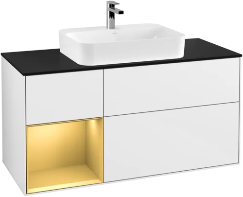 VILLEROY BOCH Toaletní skříňka Finion, s osvětlením, 3 výsuvy, 1200 x 603 x 501 mm, lesklý bílý lak / zlatý matný lak / černé matné sklo #F412HFGF