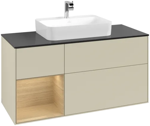 VILLEROY BOCH Toaletní skříňka Finion, s osvětlením, 3 výsuvy, 1200 x 603 x 501 mm, hedvábně šedý matný lak / dubová dýha / černé matné sklo #F412PCHJ