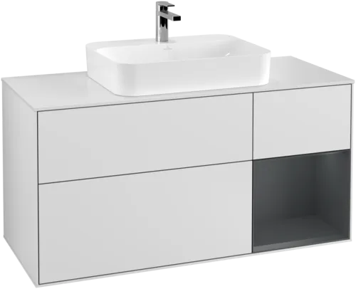 VILLEROY BOCH Toaletní skříňka Finion, s osvětlením, 3 výsuvy, 1200 x 603 x 501 mm, bílý matný lak / půlnoční modrý matný lak / bílé matné sklo #F421HGMT, obrázek 1