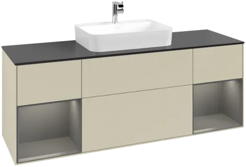 VILLEROY BOCH Toaletní skříňka Finion, s osvětlením, 4 výsuvy, 1600 x 603 x 501 mm, hedvábně šedý matný lak / antracitový matný lak / černé matné sklo #F452GKHJ