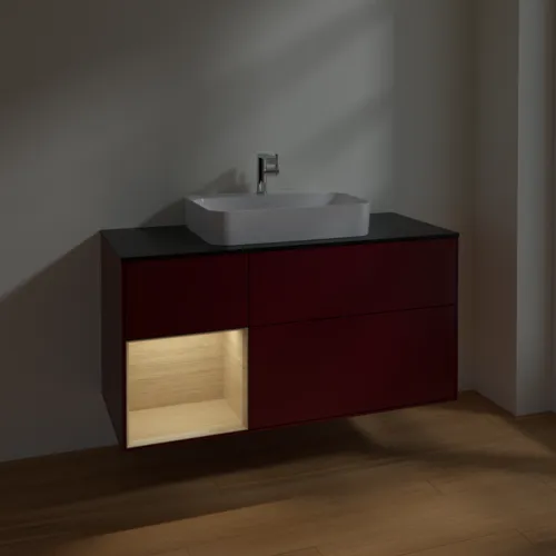 VILLEROY BOCH Toaletní skříňka Finion, s osvětlením, 3 výsuvy, 1200 x 603 x 501 mm, matný lak Peony / dubová dýha / černé matné sklo #F412PCHB, obrázek 5