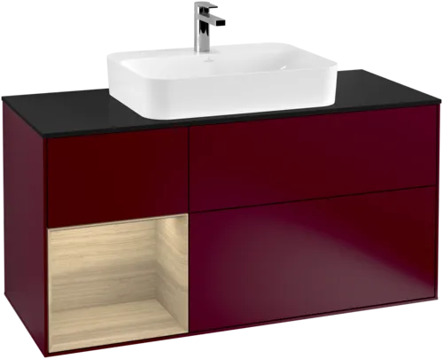 VILLEROY BOCH Toaletní skříňka Finion, s osvětlením, 3 výsuvy, 1200 x 603 x 501 mm, matný lak Peony / dubová dýha / černé matné sklo #F412PCHB