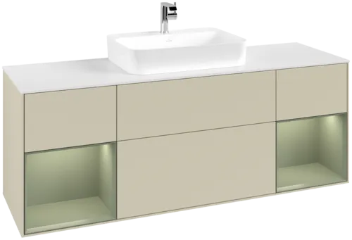 VILLEROY BOCH Toaletní skříňka Finion, s osvětlením, 4 výsuvy, 1600 x 603 x 501 mm, hedvábně šedý matný lak / olivový matný lak / bílé matné sklo #F451GMHJ