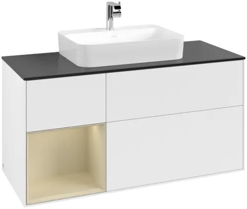 VILLEROY BOCH Toaletní skříňka Finion, s osvětlením, 3 výsuvy, 1200 x 603 x 501 mm, bílý matný lak / hedvábně šedý matný lak / černé matné sklo #F412HJMT
