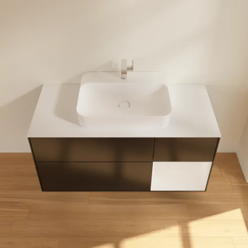 VILLEROY BOCH Toaletní skříňka Finion, s osvětlením, 3 výsuvy, 1200 x 603 x 501 mm, černý matný lak / bílý lesklý lak / bílé matné sklo #F421GFPD, obrázek 4