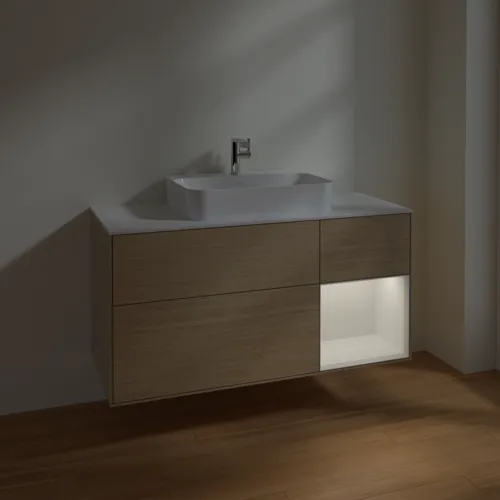 VILLEROY BOCH Toaletní skříňka Finion, s osvětlením, 3 výsuvy, 1200 x 603 x 501 mm, dubová dýha / lesklý bílý lak / sklo bílé matné #F421GFPC, obrázek 5