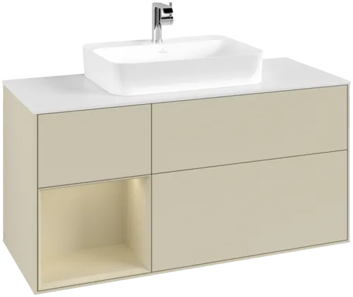 VILLEROY BOCH Toaletní skříňka Finion, s osvětlením, 3 výsuvy, 1200 x 603 x 501 mm, Silk Grey Matt Lacquer / Silk Grey Matt Lacquer / Glass White Matt #F411HJHJ