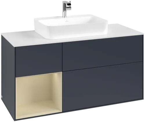 VILLEROY BOCH Toaletní skříňka Finion, s osvětlením, 3 výsuvy, 1200 x 603 x 501 mm, Midnight Blue Matt Lacquer / Silk Grey Matt Lacquer / Glass White Matt #F411HJHG