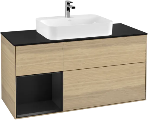 VILLEROY BOCH Toaletní skříňka Finion, s osvětlením, 3 výsuvy, 1200 x 603 x 501 mm, dubová dýha / černý matný lak / černé matné sklo #F412PDPC