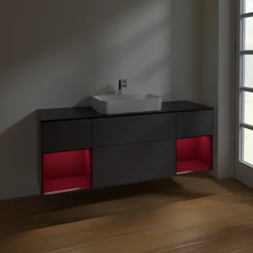 VILLEROY BOCH Toaletní skříňka Finion, s osvětlením, 4 výsuvy, 1600 x 603 x 501 mm, antracitový matný lak / pivoňkový matný lak / černé matné sklo #F452HBGK, obrázek 3