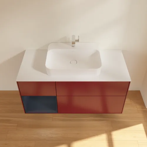 VILLEROY BOCH Toaletní skříňka Finion, s osvětlením, 3 výsuvy, 1200 x 603 x 501 mm, Pivoňka matný lak / Půlnoční modrá matný lak / Sklo bílé matné #F411HGHB, obrázek 4