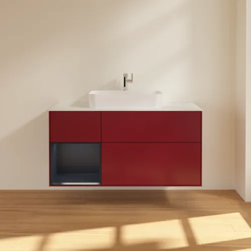 VILLEROY BOCH Toaletní skříňka Finion, s osvětlením, 3 výsuvy, 1200 x 603 x 501 mm, Pivoňka matný lak / Půlnoční modrá matný lak / Sklo bílé matné #F411HGHB, obrázek 3
