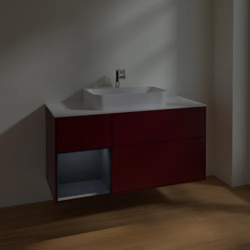 VILLEROY BOCH Toaletní skříňka Finion, s osvětlením, 3 výsuvy, 1200 x 603 x 501 mm, Pivoňka matný lak / Půlnoční modrá matný lak / Sklo bílé matné #F411HGHB, obrázek 5