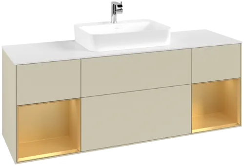 VILLEROY BOCH Toaletní skříňka Finion, s osvětlením, 4 výsuvy, 1600 x 603 x 501 mm, Silk Grey Matt Lacquer / Gold Matt Lacquer / Glass White Matt #F451HFHJ