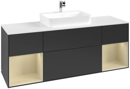 VILLEROY BOCH Toaletní skříňka Finion, s osvětlením, 4 výsuvy, 1600 x 603 x 501 mm, černý matný lak / hedvábně šedý matný lak / bílé matné sklo #F451HJPD