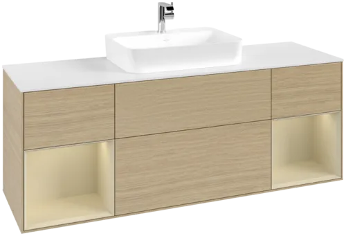 VILLEROY BOCH Toaletní skříňka Finion, s osvětlením, 4 výsuvy, 1600 x 603 x 501 mm, dubová dýha / hedvábně šedý matný lak / sklo bílé matné #F451HJPC