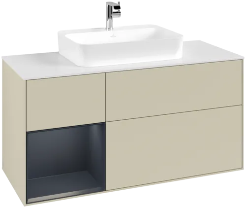 VILLEROY BOCH Toaletní skříňka Finion, s osvětlením, 3 výsuvy, 1200 x 603 x 501 mm, hedvábně šedý matný lak / půlnočně modrý matný lak / bílé matné sklo #F411HGHJ