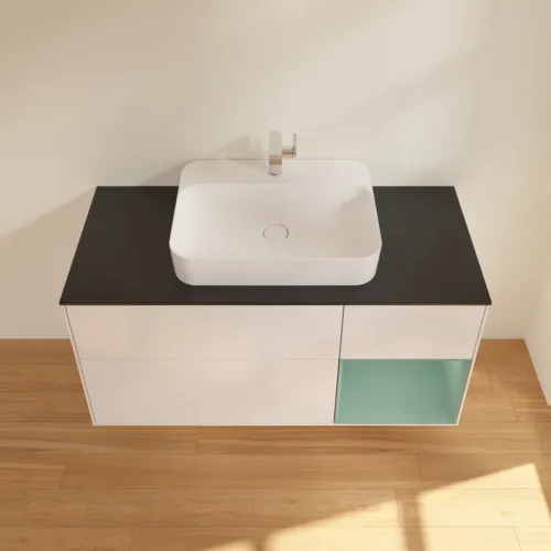 VILLEROY BOCH Toaletní skříňka Finion, s osvětlením, 3 výsuvy, 1200 x 603 x 501 mm, lesklý bílý lak / olivově matný lak / černé matné sklo #F422GMGF, obrázek 4