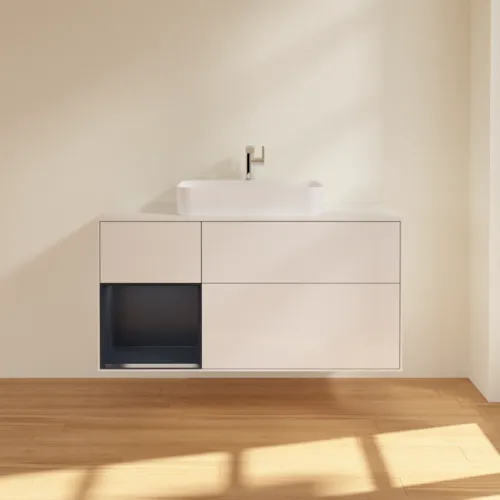 VILLEROY BOCH Toaletní skříňka Finion, s osvětlením, 3 výsuvy, 1200 x 603 x 501 mm, lesklý bílý lak / půlnoční modrý matný lak / bílé matné sklo #F411HGGF, obrázek 3