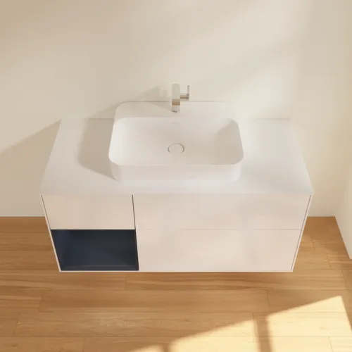 VILLEROY BOCH Toaletní skříňka Finion, s osvětlením, 3 výsuvy, 1200 x 603 x 501 mm, lesklý bílý lak / půlnoční modrý matný lak / bílé matné sklo #F411HGGF, obrázek 4