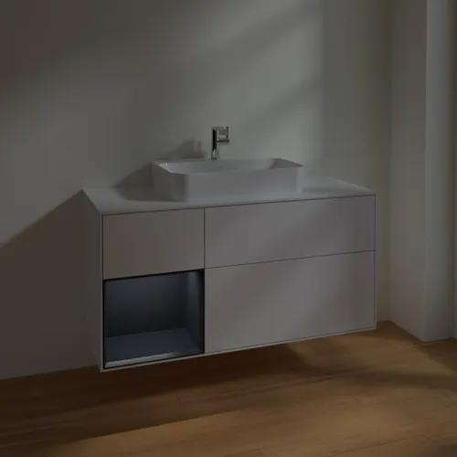 VILLEROY BOCH Toaletní skříňka Finion, s osvětlením, 3 výsuvy, 1200 x 603 x 501 mm, lesklý bílý lak / půlnoční modrý matný lak / bílé matné sklo #F411HGGF, obrázek 5