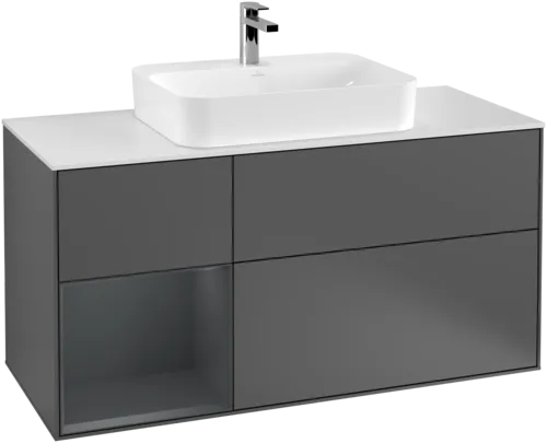 VILLEROY BOCH Toaletní skříňka Finion, s osvětlením, 3 výsuvy, 1200 x 603 x 501 mm, antracitový matný lak / půlnoční modrý matný lak / bílé matné sklo #F411HGGK