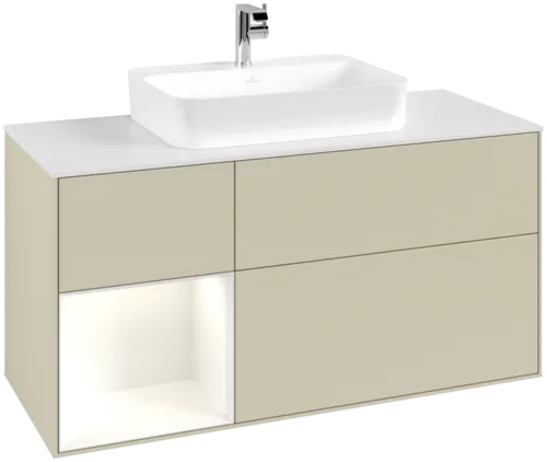 VILLEROY BOCH Toaletní skříňka Finion, s osvětlením, 3 výsuvy, 1200 x 603 x 501 mm, hedvábně šedý matný lak / lesklý bílý lak / bílé matné sklo #F411GFHJ