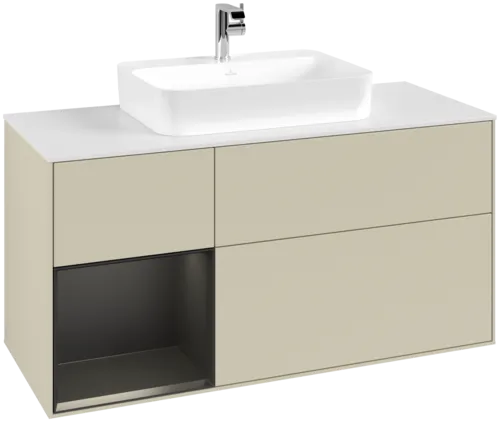 VILLEROY BOCH Toaletní skříňka Finion, s osvětlením, 3 výsuvy, 1200 x 603 x 501 mm, hedvábně šedý matný lak / černý matný lak / bílé matné sklo #F411PDHJ