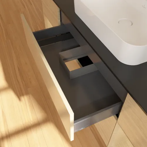 VILLEROY BOCH Toaletní stolek Finion, s osvětlením, 4 výsuvy, 1600 x 603 x 501 mm, dubová dýha / dubová dýha / sklo černé matné #F452PCPC, obrázek 7