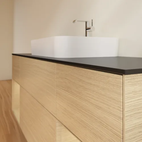 VILLEROY BOCH Toaletní stolek Finion, s osvětlením, 4 výsuvy, 1600 x 603 x 501 mm, dubová dýha / dubová dýha / sklo černé matné #F452PCPC, obrázek 5
