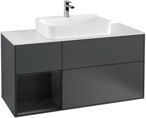 VILLEROY BOCH Toaletní skříňka Finion, s osvětlením, 3 výsuvy, 1200 x 603 x 501 mm, Midnight Blue Matt Lacquer / Black Matt Lacquer / Glass White Matt #F411PDHG